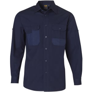 A navy long sleeve work shirt featuring two front pockets and a button-up design. Includes a logo branding.
