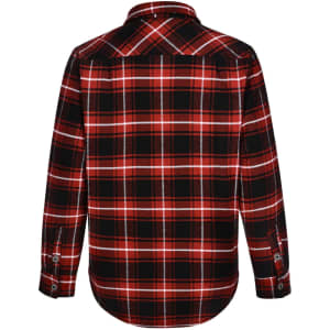 A red and black quilted flannel shirt with a plaid pattern and a logo on the back.