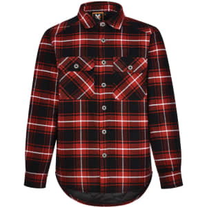 A red and black quilted flannel shirt featuring a check pattern, button-up front, and two chest pockets.