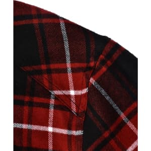 A red and black quilted flannel shirt showcasing a check pattern and a collar. The image features a portion of the shirt.