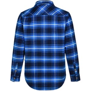 A blue and navy checked quilted flannel shirt with long sleeves and a button-down collar, featuring a logo.