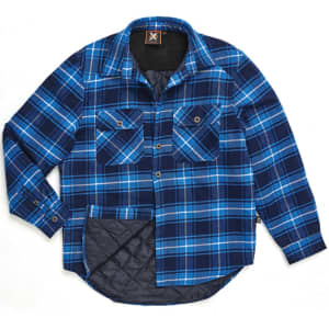A blue and black quilted flannel shirt featuring a checkered pattern and two chest pockets. It has a brand logo.