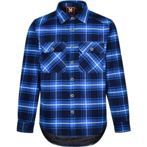 A blue and black checkered flannel shirt featuring two front pockets and a branded logo.