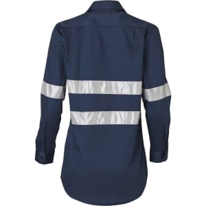 A navy long-sleeve work shirt with 3M reflective tape, featuring a back view and a logo on the shirt.