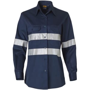 A navy long-sleeved work shirt with 3M reflective strips and two chest pockets. Features a logo on the collar.