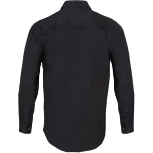 A black long-sleeved work shirt with a collar and buttoned cuffs, featuring a logo.