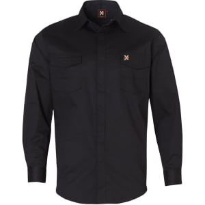A black long-sleeve shirt with two chest pockets and a logo on the chest.