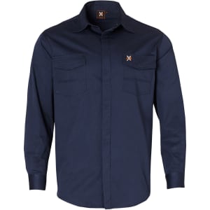 A navy long-sleeved work shirt featuring two front pockets and a small logo.