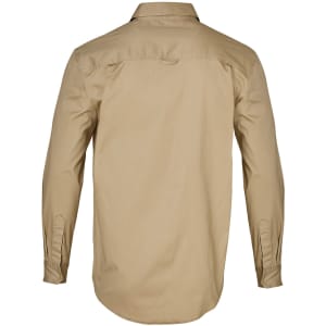 A beige long-sleeved work shirt with a back yoke and cuff details, featuring a logo.