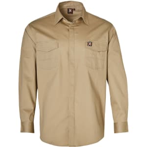A beige long-sleeve work shirt featuring two front pockets and a logo.