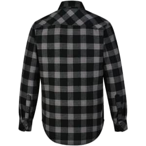 A back view of a unisex flannel plaid shirt in black and grey, featuring a checkered pattern and buttoned cuffs.