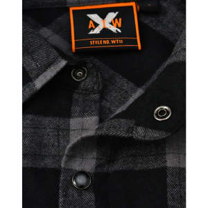 A black and grey plaid unisex flannel button-up shirt featuring snap buttons and a logo tag.