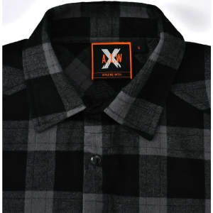 A black and grey flannel plaid shirt with a button-up collar and a branded label.