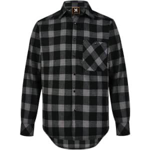 A unisex flannel plaid shirt in black and grey, featuring a button-up front and chest pocket, with a logo tag.