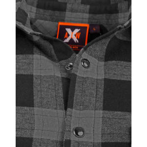 A black and grey plaid unisex flannel button-up shirt featuring a logo on the label.