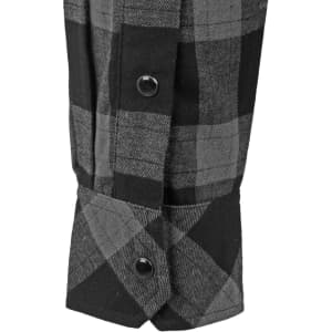 A black and grey checkered flannel shirt featuring a buttoned cuff and a logo.