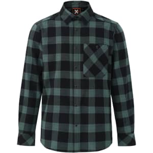A unisex flannel plaid shirt in black and teal with a button-up front and a single chest pocket.