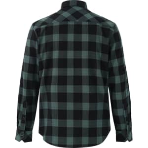 A unisex flannel shirt in black and dark green plaid with long sleeves and a button-up design.