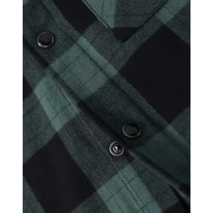 A close-up of a black and green flannel plaid shirt featuring button details. The shirt has a classic check pattern.