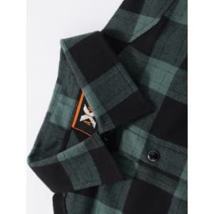 A green and black plaid unisex flannel shirt featuring a button-up design and a collar. It has a logo label inside the collar.
