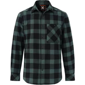 A unisex flannel plaid shirt in black and green with a button-up front and a chest pocket. Features a logo.