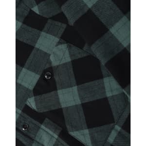 A close-up of a unisex flannel plaid shirt featuring a black and dark green check pattern with button details.