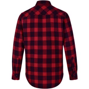 A unisex flannel plaid shirt in red and navy, featuring a button-up design and long sleeves. It has a logo on the back.