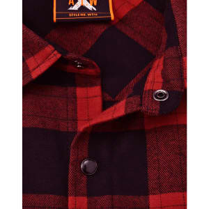 A unisex flannel plaid shirt in red and navy, featuring button details and a collar. It includes a logo tag.
