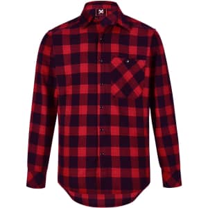 A unisex flannel plaid shirt in red and navy, featuring a button-up design and a single chest pocket.
