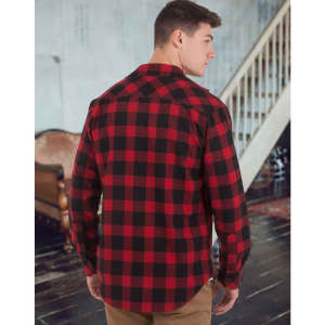 A red and black plaid unisex flannel button-up shirt displayed from the back, featuring long sleeves and a logo.