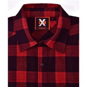 A unisex flannel plaid shirt in red and black with a button-up collar and a branded tag.