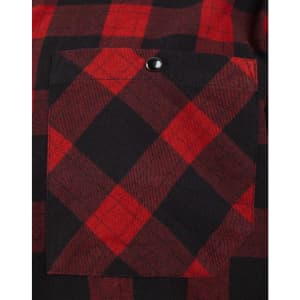 A close-up of a unisex flannel plaid shirt featuring a black and red pattern with a chest pocket.