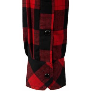 A close-up of a unisex flannel shirt featuring a red and black plaid pattern with button details on the cuff.
