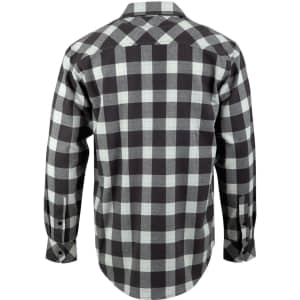 A unisex button-up shirt in a black and grey plaid pattern, featuring long sleeves and a button-up front.