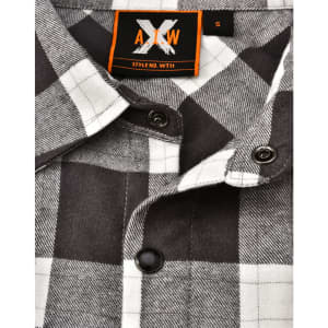 A black and white plaid unisex flannel button-up shirt featuring a collar and branded tag.