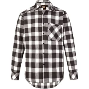 A black and white plaid unisex flannel button-up shirt with a chest pocket and a logo on the collar.