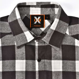 A black and white flannel plaid button-up shirt featuring a collar and a logo on the label.