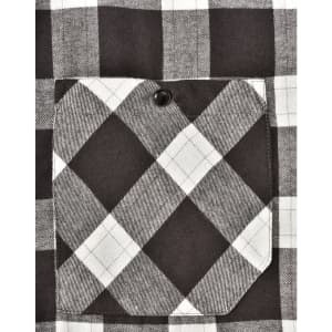 A black and white checked flannel plaid shirt featuring a chest pocket with a button. The fabric has a soft texture.