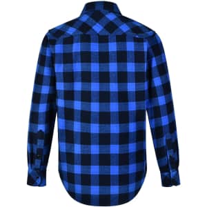 A unisex flannel plaid shirt in black and blue, featuring a button-up design and long sleeves.