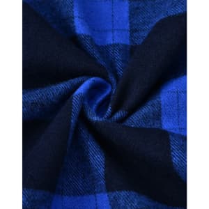 A close-up of unisex flannel plaid fabric in shades of blue and black, featuring a traditional check pattern.