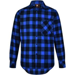 A blue and black plaid button-up shirt with a chest pocket and a logo on the collar.