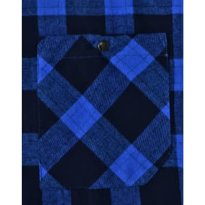 A close-up of a unisex button-up flannel shirt featuring a blue and black plaid pattern with a chest pocket.