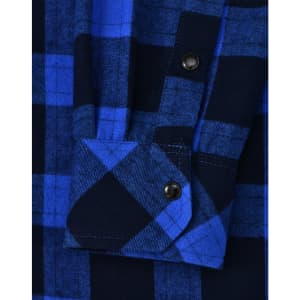 A unisex flannel plaid shirt in shades of blue, featuring button details and a checkered pattern.