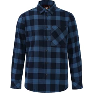 A unisex button-up flannel shirt in navy and light blue plaid, featuring a chest pocket and a logo.