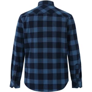 A unisex flannel plaid shirt featuring a blue and navy check pattern, displayed from the back. It has a collar and button cuffs.