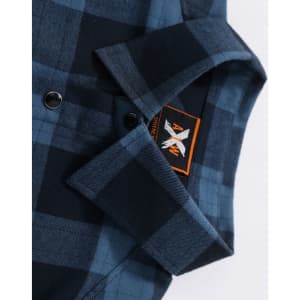 A blue and black plaid unisex flannel shirt with a collar and buttons, featuring a logo.