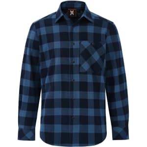 A unisex flannel plaid shirt featuring a navy and blue check pattern, with a button-up front and a pocket.