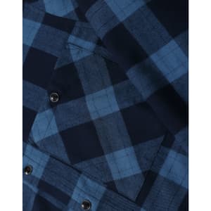 A unisex flannel plaid shirt in navy and blue tones, featuring button-up design and a chest pocket.