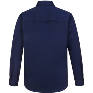 A navy long-sleeve work shirt with a closed front and collar, featuring a logo.