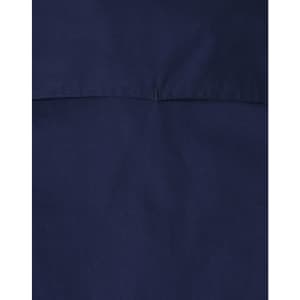 A navy blue closed front long-sleeve work shirt featuring a simple design and a logo.